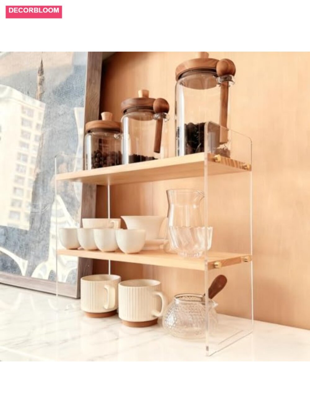Solid Wood 2-Tier Coffee Station Organizer for Mugs, Spices, Tea